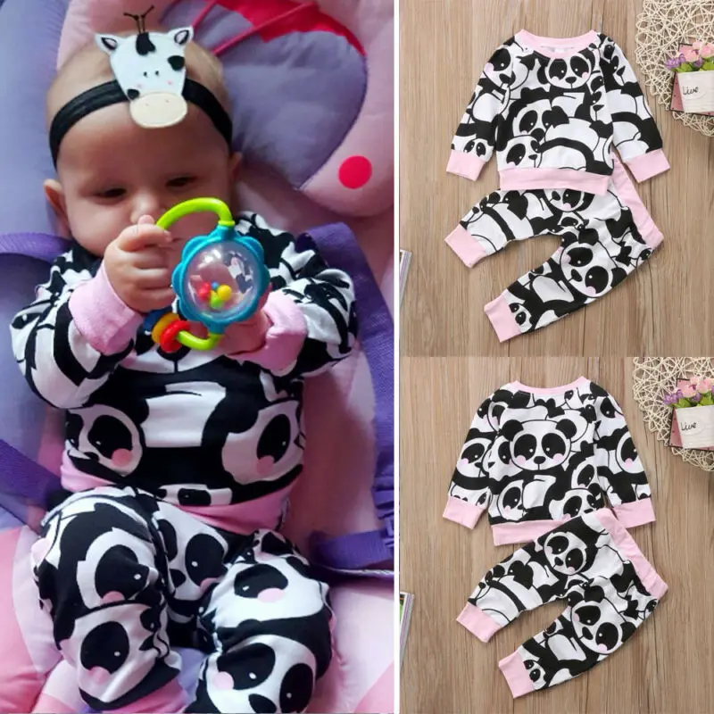 Комплект одежды для маленьких девочек с принтом панды Осенние Теплые Топы