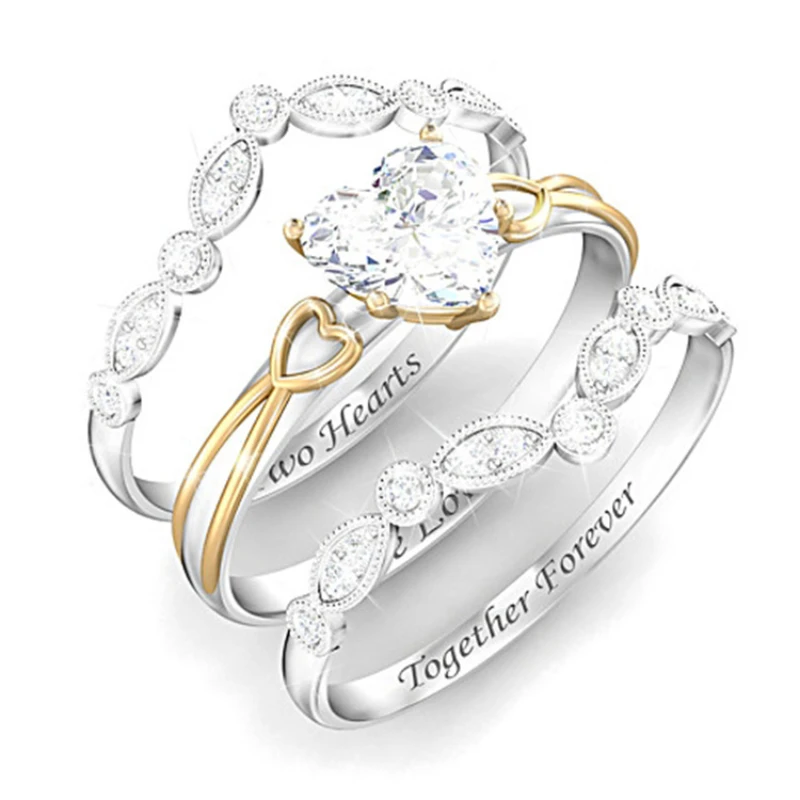 

3 Pcs/set Female Heart Ring Set Simple Silver Diamond Peach Love Round White Zircon Ring for Women Wedding Jewelry Hot Sale