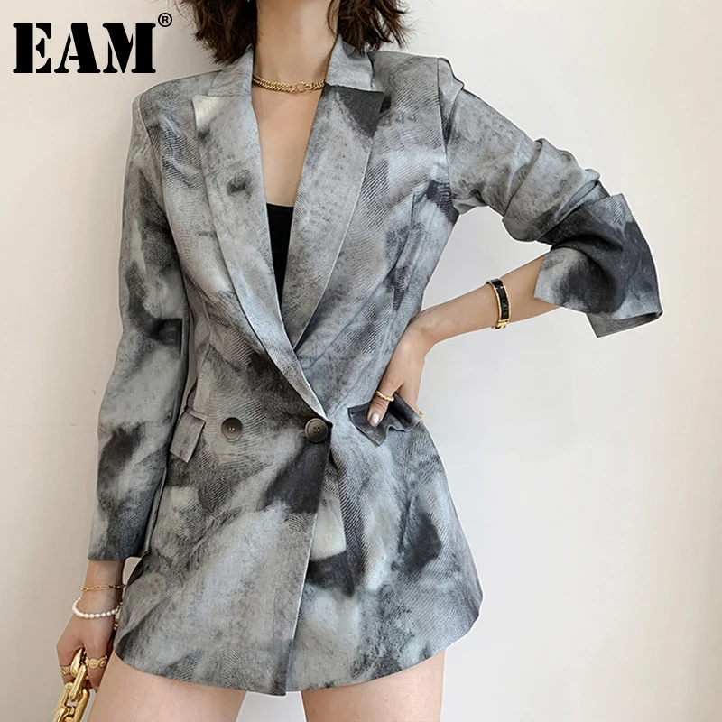 

[EAM] Women Gray Green Printed Temperament Blazer New Lapel Long Sleeve Loose Fit Jacket Fashion Spring Autumn 2022 1DC044