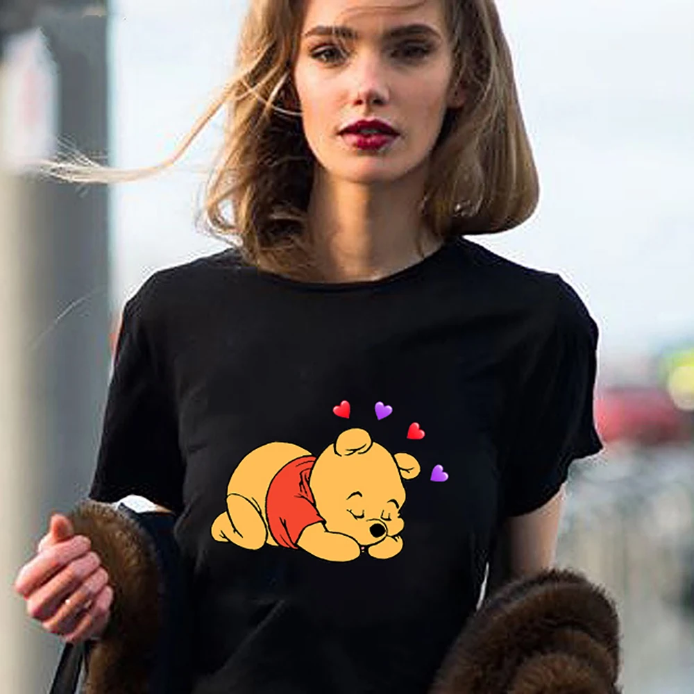 

Cute Pooh Bear Sleeping T-shirt Black Cartoon Comfy Simple Clothing Oversized Summer Home Casual Women's Shirt Elegant Tshirt