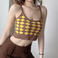 90s vintage argyle knitted sleeveless backless tank top for girls summer clothes female women streetwear y2k camis crop top