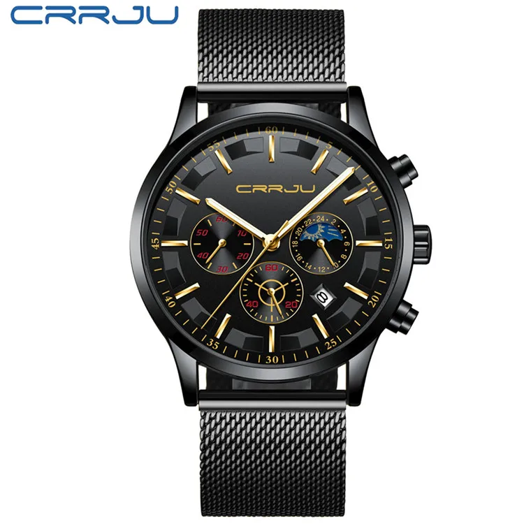 M Black Gold CRRJU мужские часы Топ бренд Роскошные Модные Бизнес Кварцевые часы мужские спортивные полностью стальные водонепроницаемые черные часы Relogio Masculino - Цвет: M Black Gold