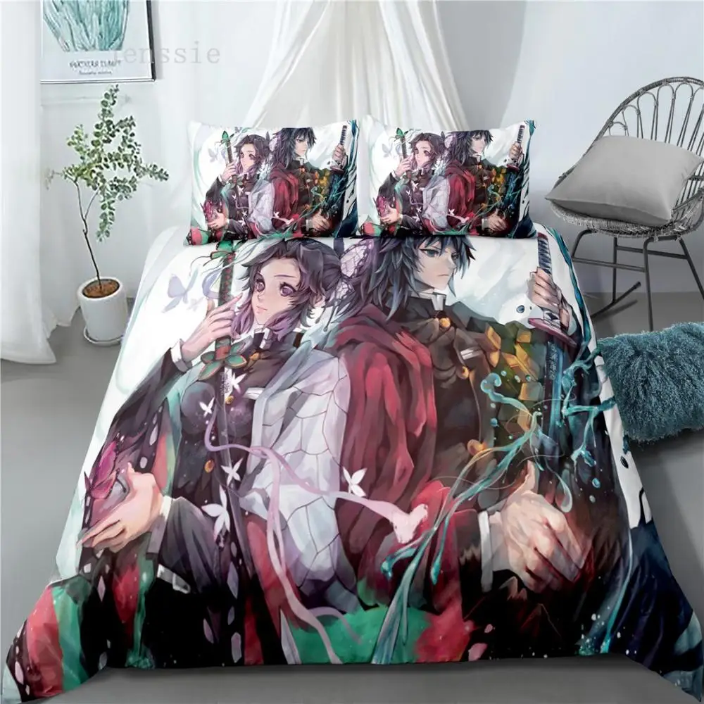 

Hot Anime Printing Kids Bedding Set Kochou Shinobu Cartoon Bedroom Decor Duvet Cover and Pillowcases Bedclothes