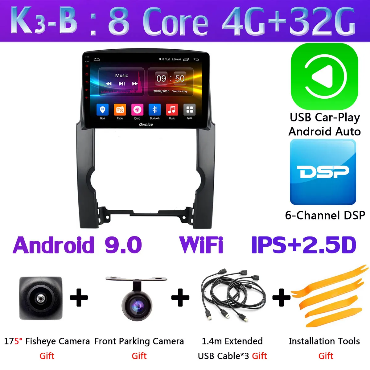 K3-B-CarPlay 360 ° камера 4G LTE Android 9,0 8Core 4G+ 64G SPDIF DSP CarPlay автомобильный мультимидийный Навигатор Радио для KIA Sorento 2009 2010 2011 2012 2013 - Цвет: K3-B-CarPlay