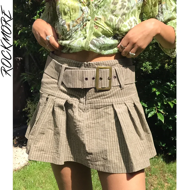 

Rockmore Striped Pleated Skirts With Belt Y2K Aesthetic High Waist Mini Skirt Korean Preppy Style Harajuku Fairycore Clothes