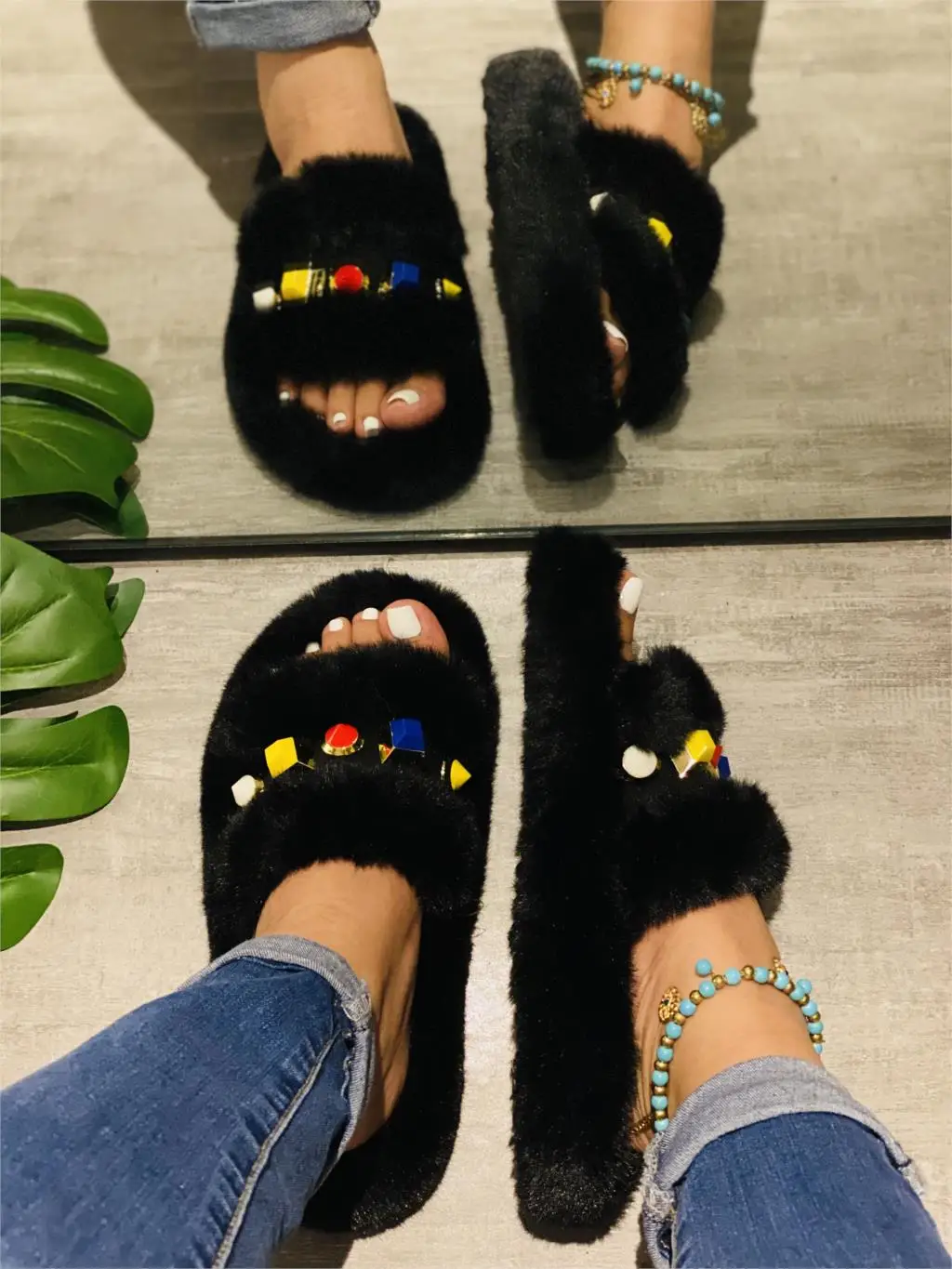 

2020 Women Fur Slippers Furry Home Slippers Ladies Slip on Indoor Slides Soft Thick Bottom Fluffy Slippers Warm Shoes