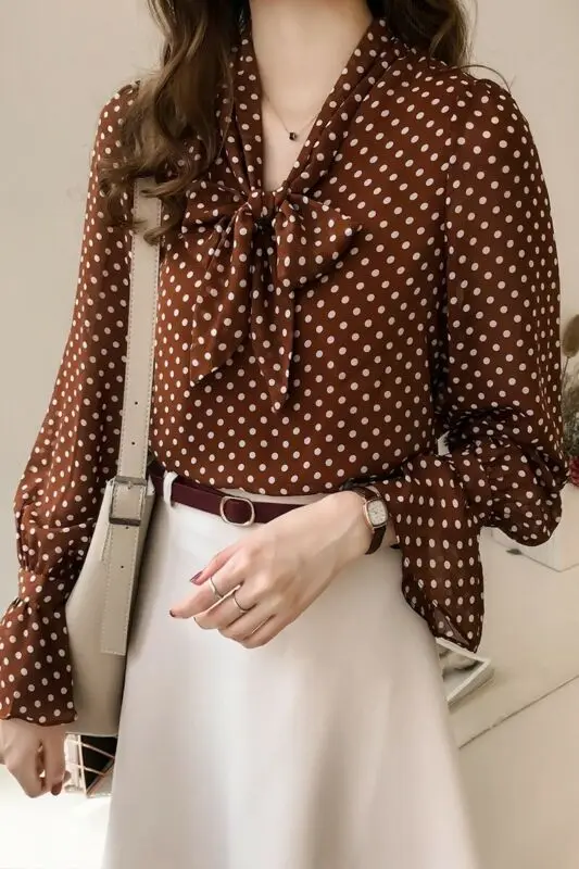 Women Lady Chiffon Bow Tie Shirt Blouse Polka Dots Top Long Sleeve Fresh Sweet Leisure | Женская одежда