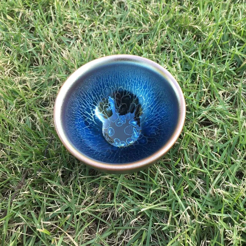 

Jian Zhan Blue Lotus Flower Tenmokus Cup Tea Coffee Cup Natural Glaze and Fired in Kiln Ceramic Chinese Song Dynasty Crafts