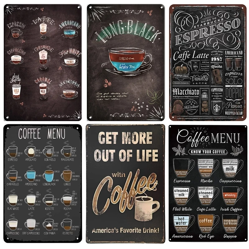 

Coffee Metal Tin Sign Vintage Coffee Menu Metal Plate Bedroom Home Decor Cafe Restaurant Kitchen Wall Art Black Iron Painting