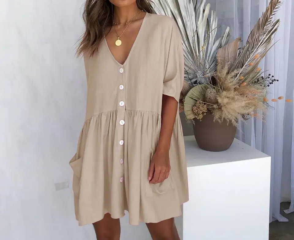 

Oversize A-line Women's Short Dress Bohemian V-neck Pocket Button Casual Dresses Female Spring Fashion Loose Beach Clothes Lady