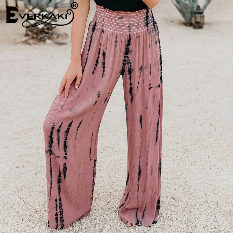 

Everkaki Boho Pants Women Summer Beach Bottom Vacation Elastic Waist Floral Print Plus Size Loose Wide Leg Pants Female 2021