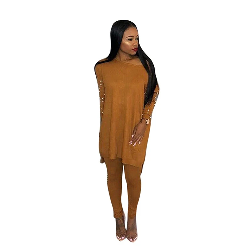 Женские вязаные брюки с жемчугом и бисером комплект из двух предметов свободный