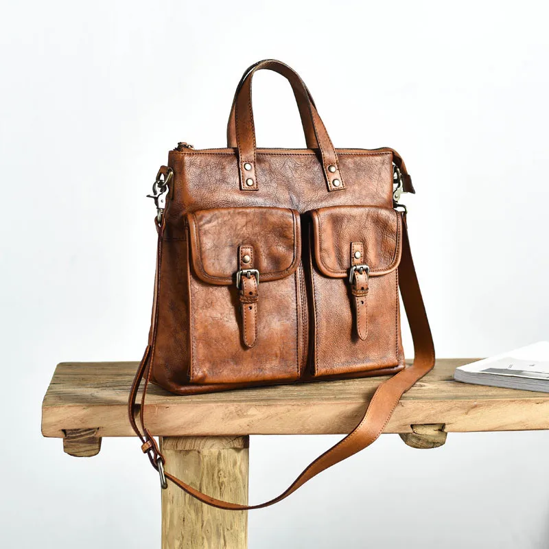 Fashion casual high quality natural genuine leather men's briefcase luxury real leather portable working brown messenger bag