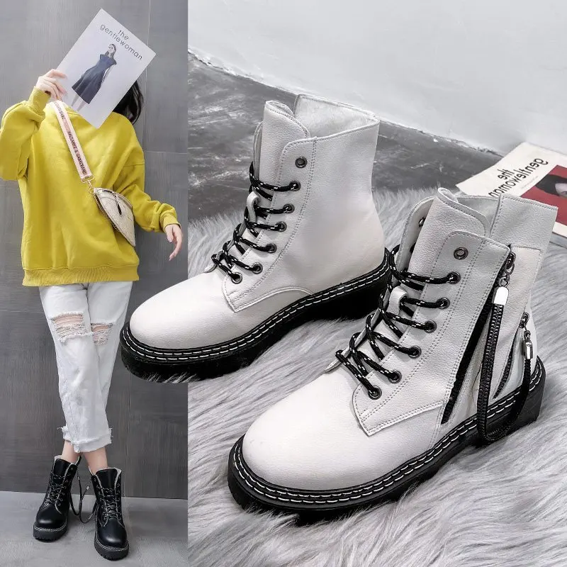 boots wonen 2020 Fashion Women Black White PU Leather Ankle boot Winter Warm Motorcycle boots Round Toe boots female women shoes