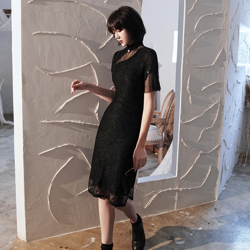 

Black Sexy Hollow Out Lace Improved Qipao Lady Slim Chinese Dress Exquisite Medium Length Cheongsam Elegant Formal Party Dresses