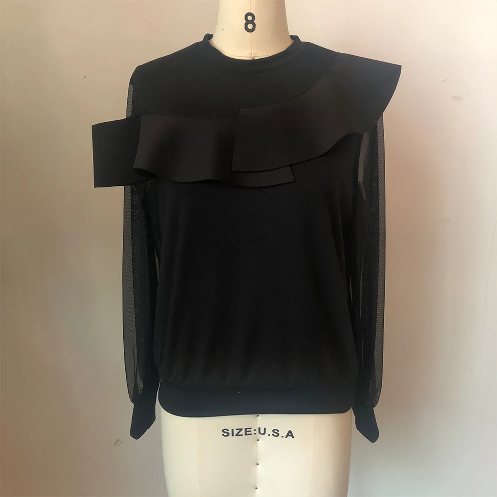 Женская блузка с оборками Повседневная однотонная круглым вырезом и длинным