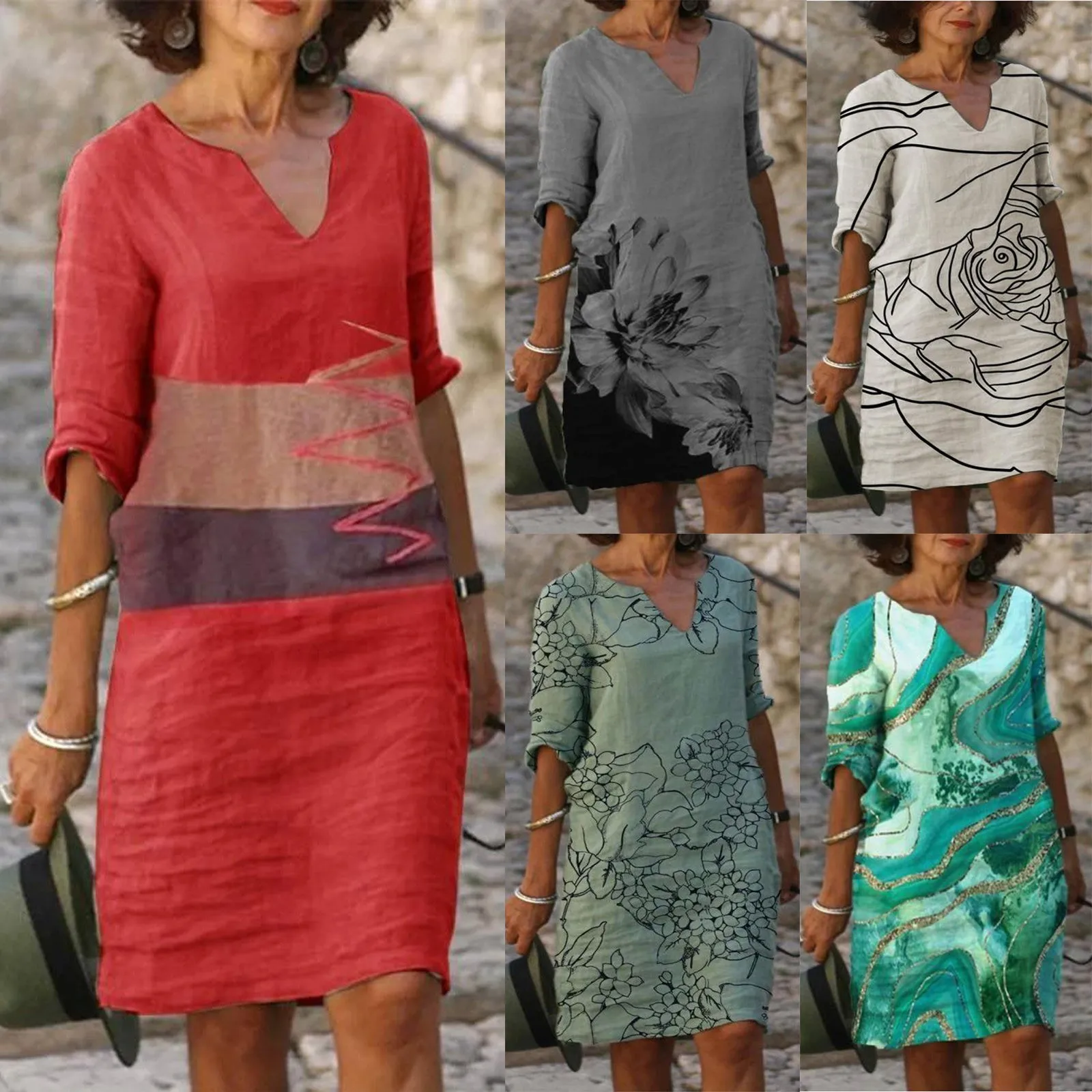 

Dresses For Women 2021 Summer Casual Vintage Printing V-Neck Short Sleeve Comfy Midi Dress Female Loose Party Dress#35
