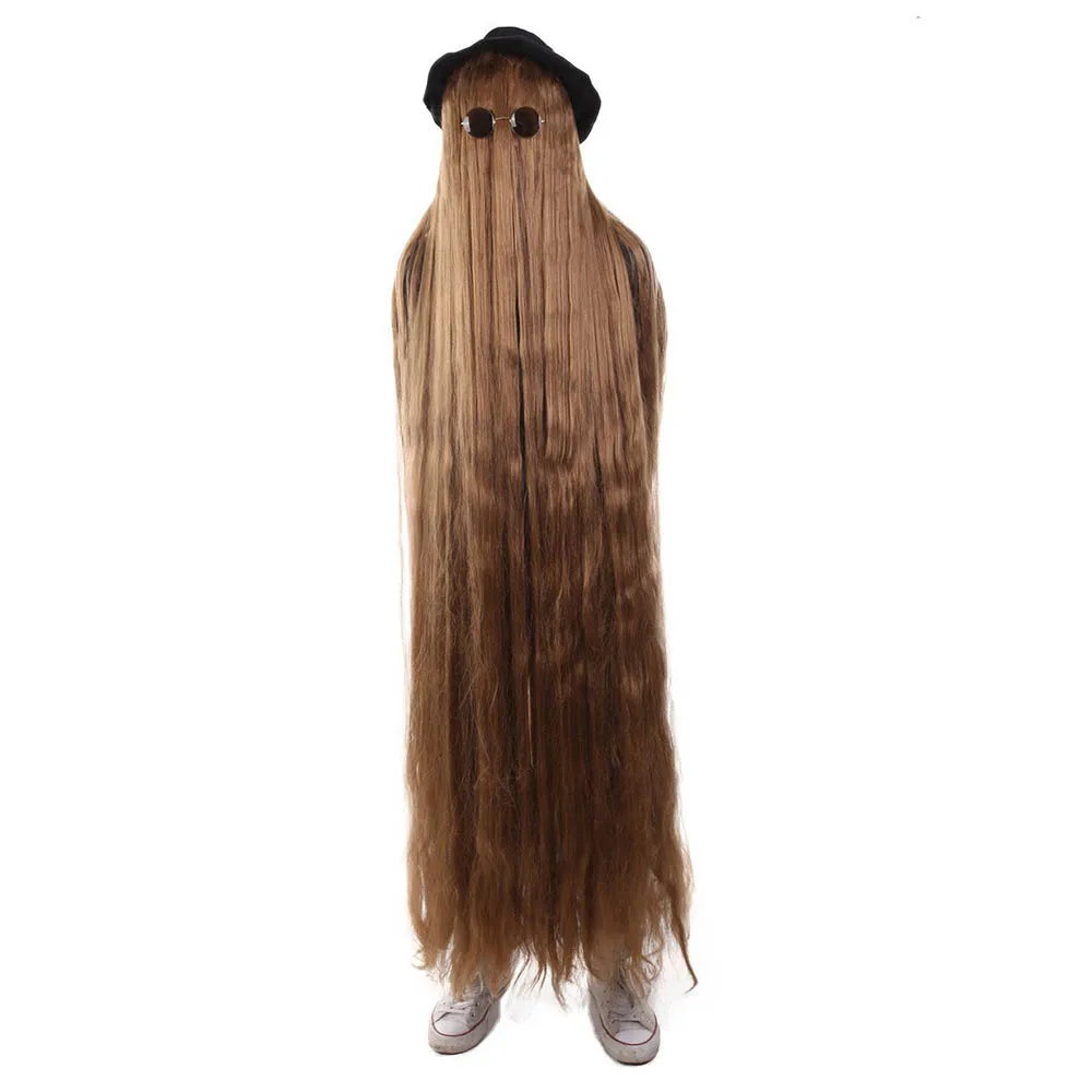 HPO 66 Inch Long Men Costumes Cosplay Party Halloween Wig Premium The Addams Family Cousin It Brown Movie Hat Sunglasses Wigs