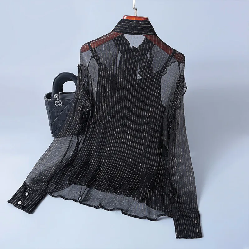 Перспективная шелковая рубашка в полоску Женские топы и блузки рубашки с длинным