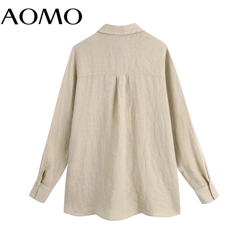 

AOMO Women 2021 Fashion Loose Linen Blouses Vintage Long Sleeve Button-up Female Shirts Chic Tops BE915A