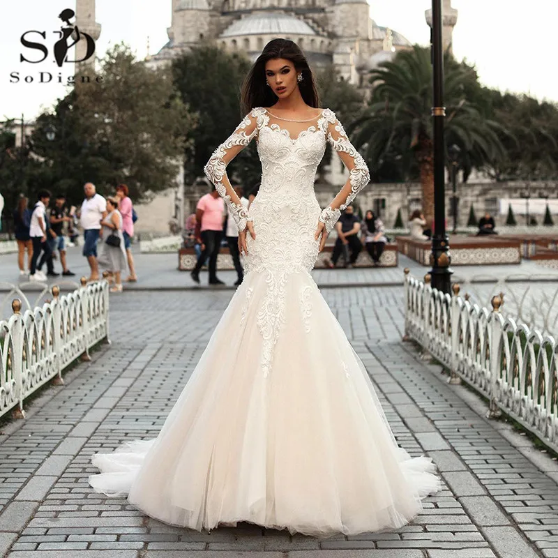 

SoDigne Vintage Mermaid Wedding Dresses Long Sleeves Tulle Sexy Backless Boho Bridal Dress Country Garden Wedding Gowns 2020