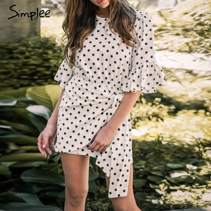 Simplee Богемное женское платье в горошек с рюшами и поясом осеннее эластичное