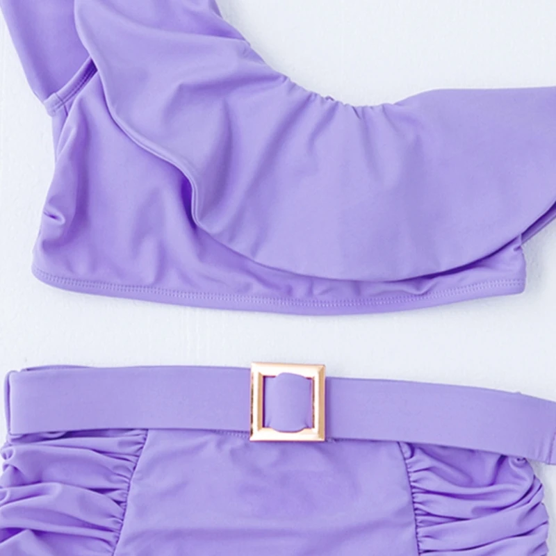 

Women Sexy 2pcs Bikini Set One Shoulder Ruffles High Waist Solid Color Swimsuit XX9D