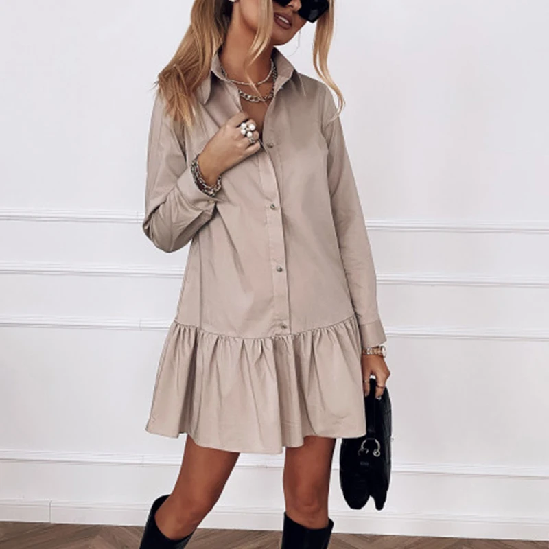

Spring Long Sleeve Pleated Shirt Dress Women Turn Down Collar Casual Single Breasted Dress Female Ruffles A Line Office Vestidos