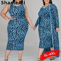 plus size leopard print vest dress long cardigan 2 two pieces sets 4xl fall spring office lady work wear outfits matching set