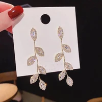 fashion luxury 14k real gold plated leaves earring delicate micro inlaid cubic zircon stud earrings wedding jewelry pendant