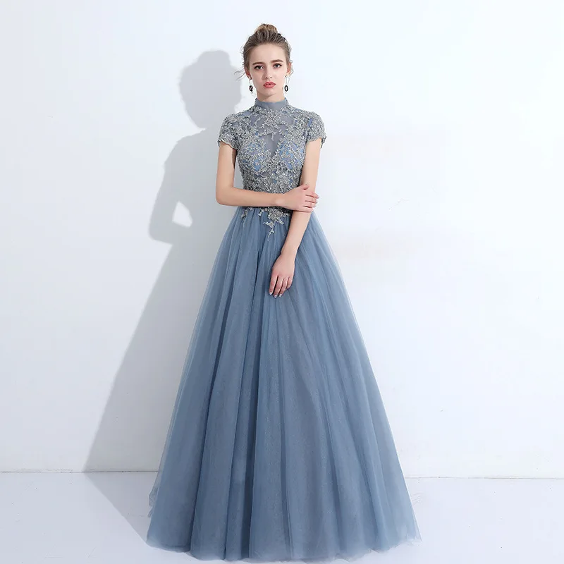 

High Neck Long Prom Dress Backless Cap Short Sleeves Lace Applique Beaded Party Evening Gowns A Line Floor Length
