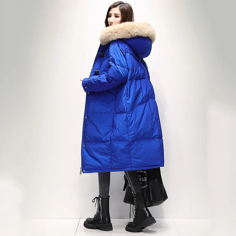 Winter Thick Women Down Jackets Korean Style Loose Fashion Mid-Length Women Hooded Jackets Temperament Fur Collar OL Down Coat