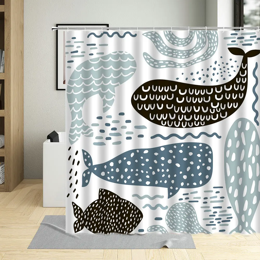 

Шторы для душа с рисунком Кита, водонепроницаемые тканевые занавески с крючком для декорирования детей, с мультяшным принтом океана, животн...
