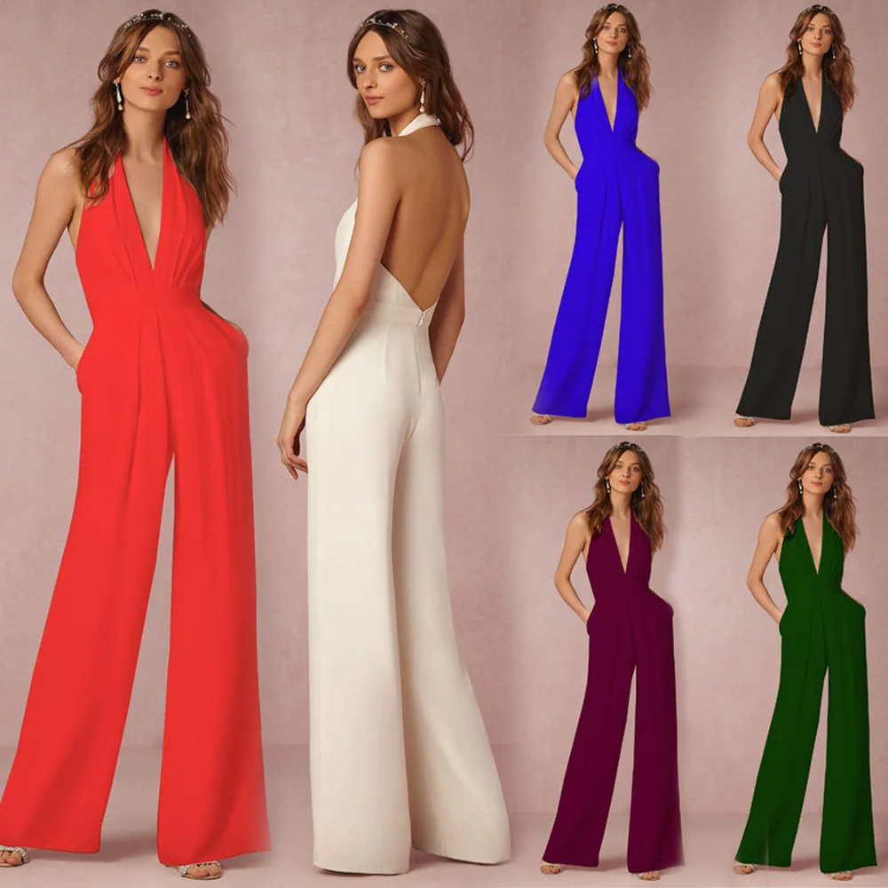 

Womens Sexy Deep V-Neck Backless Office Lady Loose Jumpsuits Sleeveless Long Romper formal Playsuit V-neck Pockets Rompers