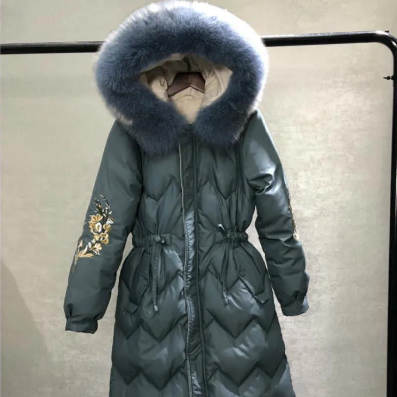 

women's winter long, white, duck down, coat, women's, natural fox fur, collar, down jacket,