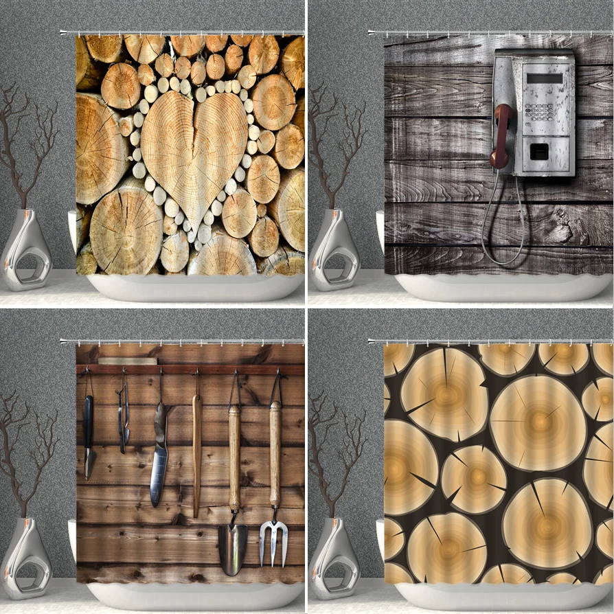 

Wood Grain Shower Curtains West Barn Vintage Style Farm Tools Flower Home Curtain Set Bathroom Bathtub Decor Screens With Hooks