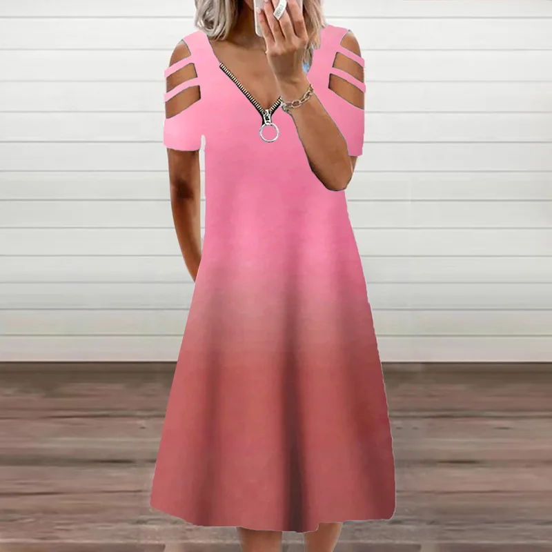 

Women Vintage Gradient Print Long Dress Fashion Casual Zipper V-Neck Loose Dress 2021 Summer Hollow Out Short Sleeve Party Dress