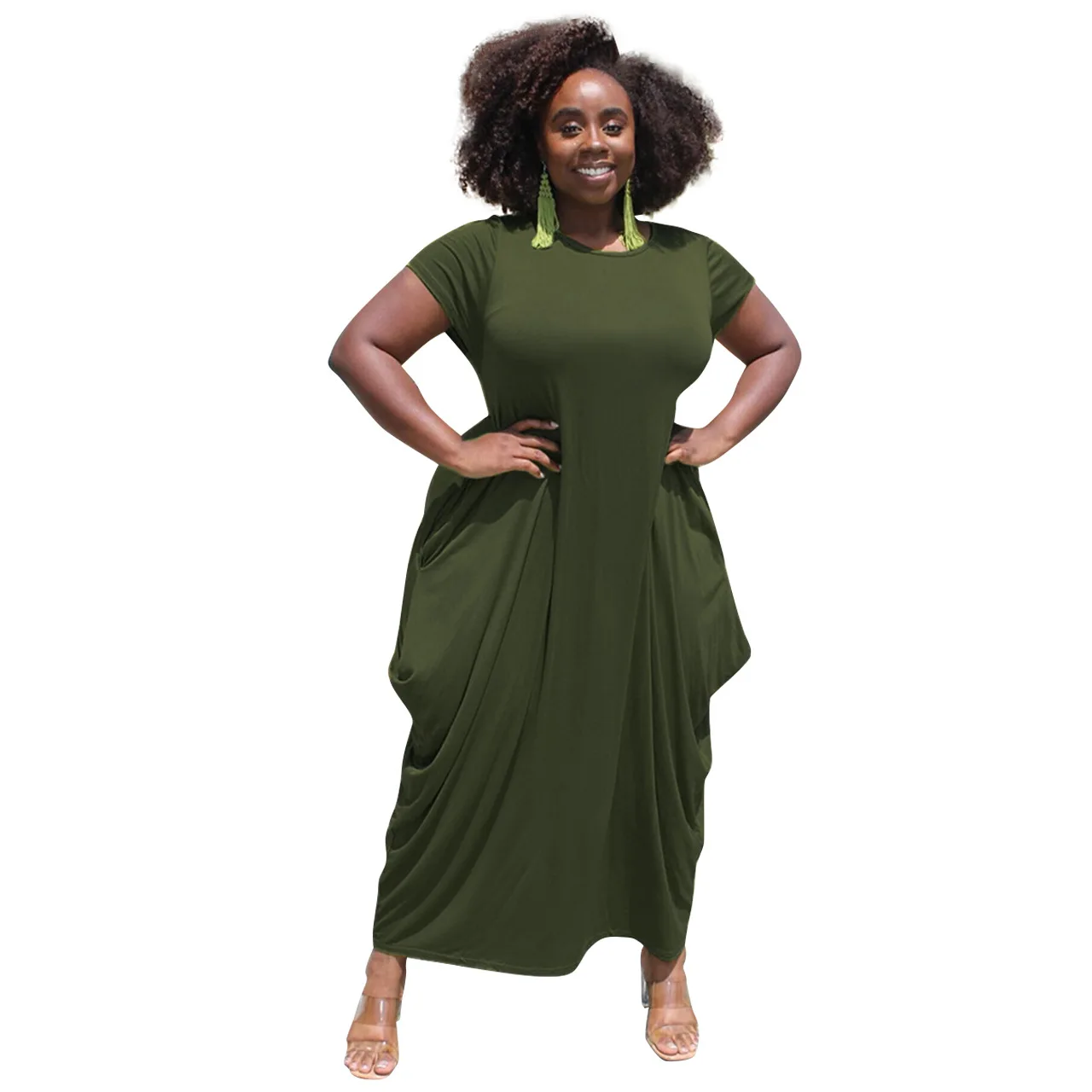 

Women Long Dress Solid Color Round Collar Irregular Dress Summer Fashion Casual Loose Dress
