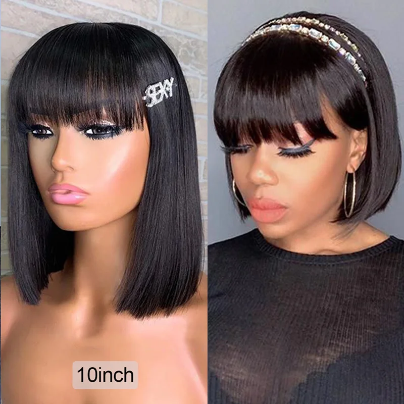 

150 Density Short Human Hair Wig with Bangs Brazilian Bob Scalp Top Wig Cheap Full Machine Made Straight None Lace Wig For Women