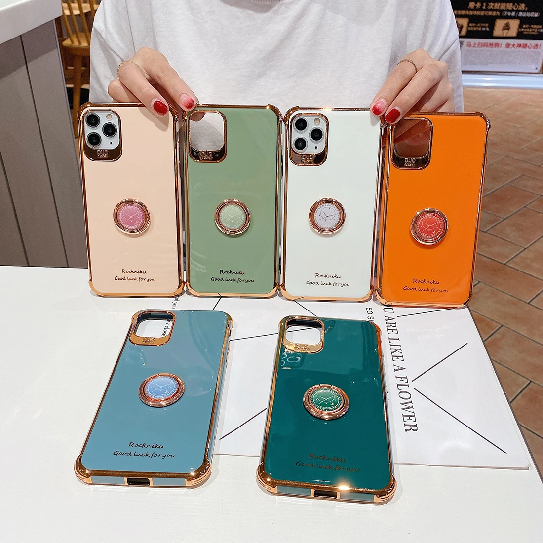 

Electroplating Pure Color Silicone Phone Case, Suitable For iPhone 12 11 Pro SE Xs Max 8 Plus With Clock Ring Holder Back Cover