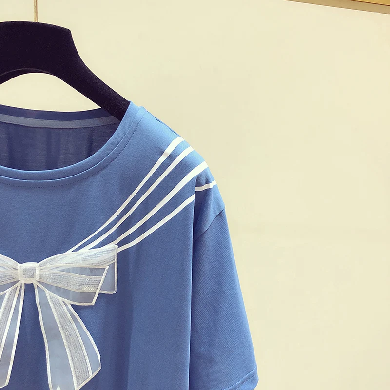 

2021 Summer New Bottoming Shirt Fashion Mesh Sequins Bow Decoration Round Neck Short Sleeve T-shirt Women's Casual Tops Jumper