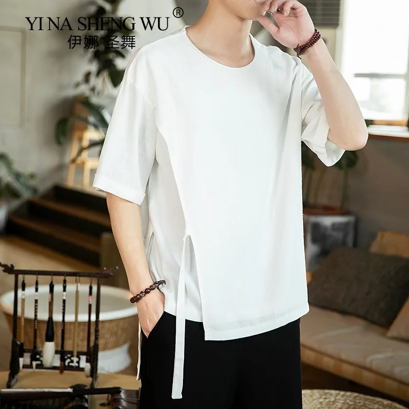 

Футболка в китайском стиле, мужская летняя футболка с коротким рукавом, свободная футболка большого размера, японское кимоно, мужской новый топ