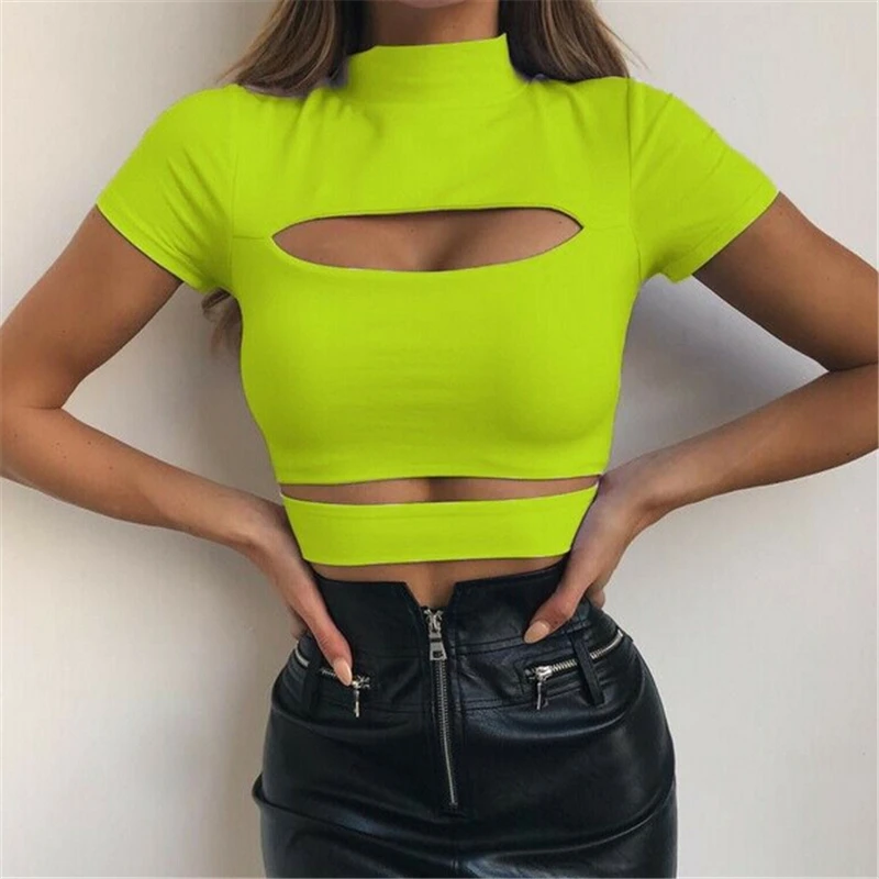 

Fashion Green Black Gothic Chest Hollow Out Sexy Women Crop Top Solid Slim Tank Tops Tee Shirt Female Casual Camis