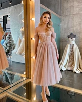 summer sequins tea length prom dresses a line tulle off shoulder girls formal dress robe de soiree vestidos de gala 2021