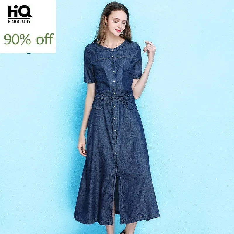 Женские джинсовые платья из 100% хлопка высокого качества с круглым вырезом и