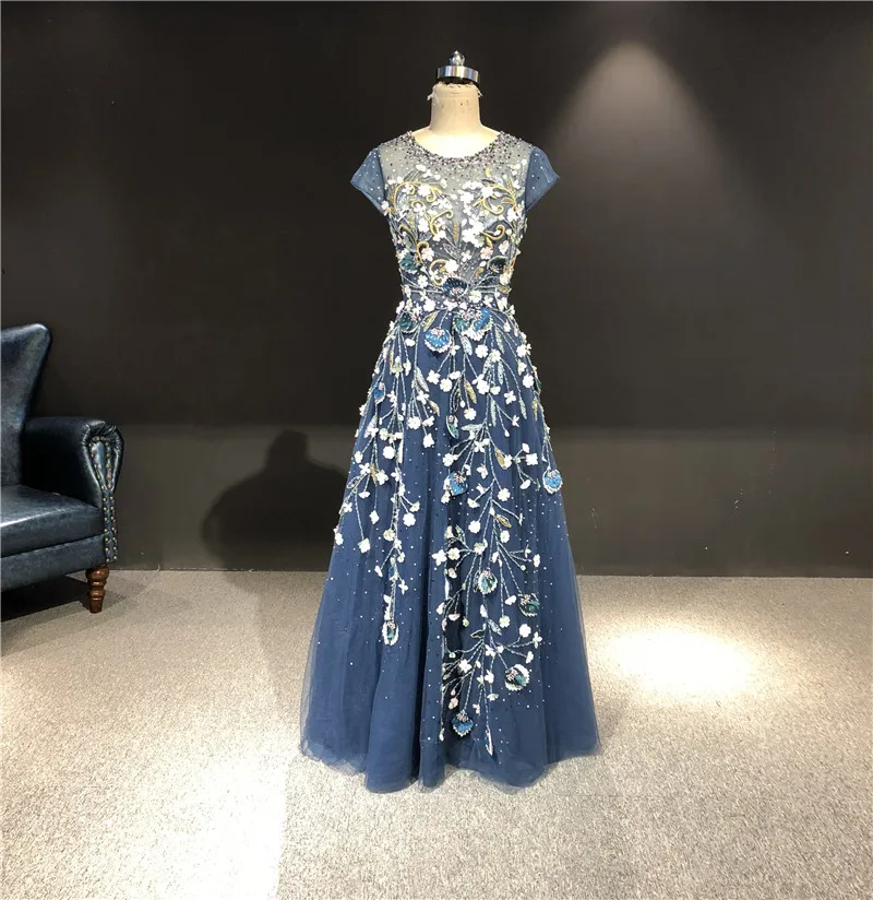 

2021 вечерние платья Real Picture Rose Navy Blue Beads O-neck A-line Floor-Length Prom Party Bridal Dancing Mom Evening Dresses