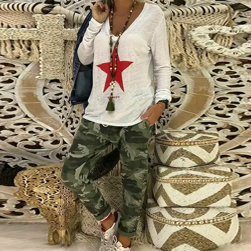 Футболка женская с длинным рукавом Модный повседневный топ принтом звезд