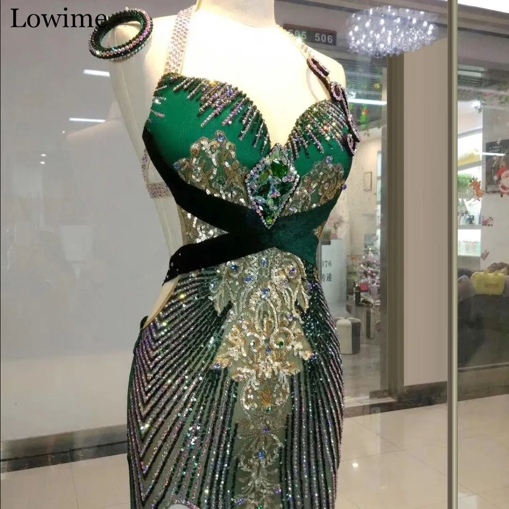 

Special Dubai Prom Dress Mermaid Long Halter Evening Dress Sequins Crystals Muslim Robe De Soiree Arabic Custom