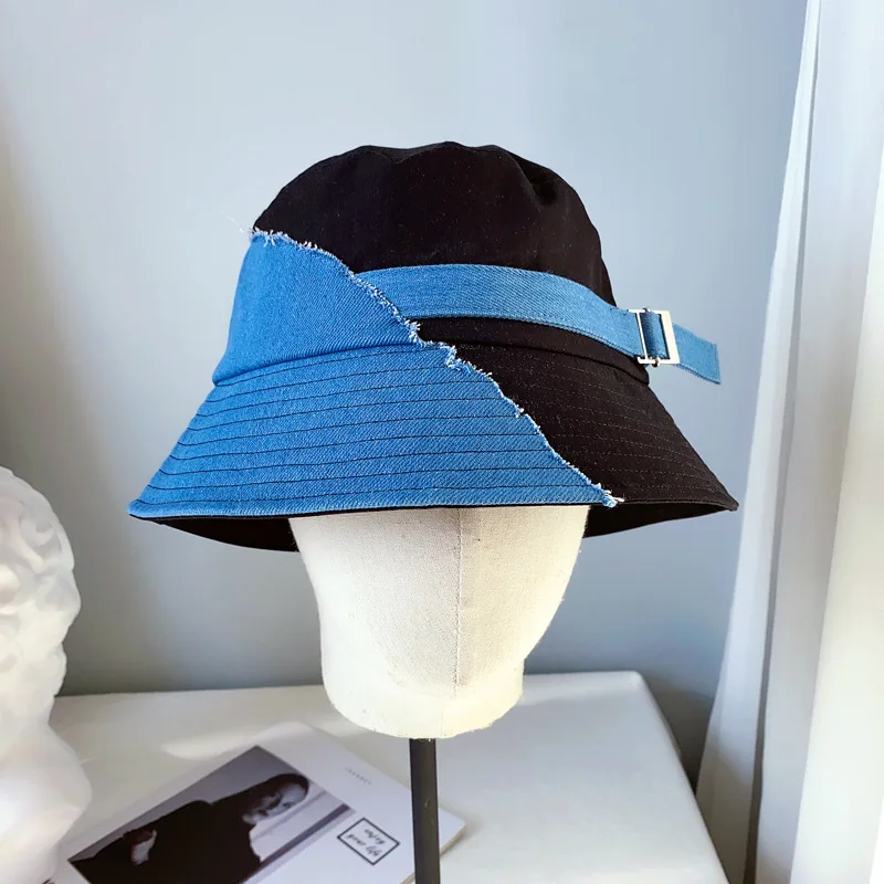 

Japanese Design Denim Stitching Cotton Linen Fisherman Hat Female Spring Summer Sun Protection Windbreaker Buckle Bucket Hat