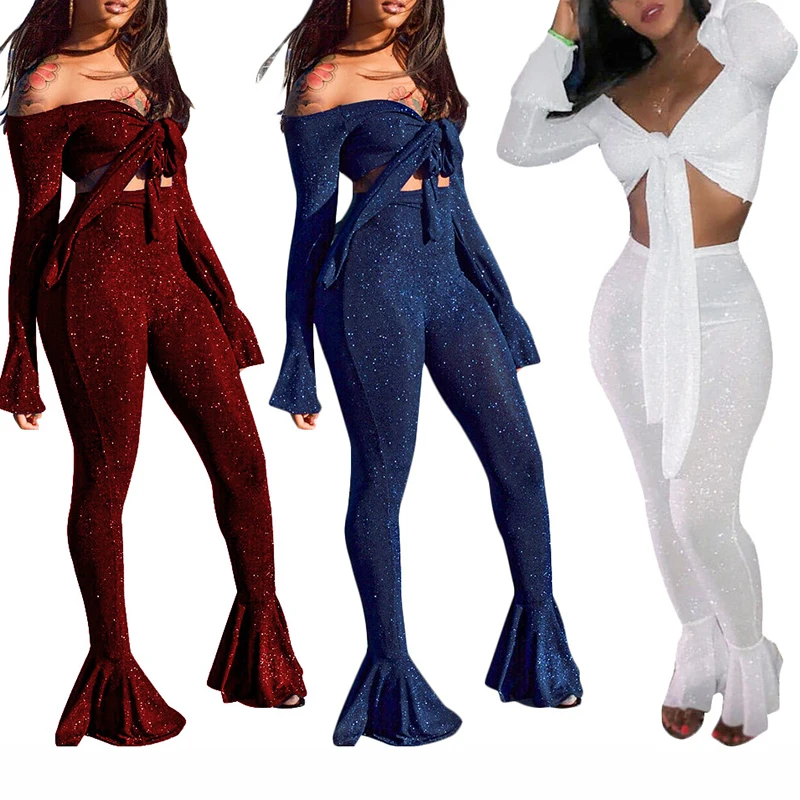 

Womens 2 Pieces Outfits Off Shoulder Clubwear Bandage Crop Top Long Pants Flare Trousers Set Casual Romper